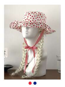 波点宽檐渔夫帽，适合大头围，款式时尚，复古格纹贴花撞色抽绳宽檐渔夫帽，波西米亚风春夏度假遮阳帽，亮色系单色调搭配，系带防晒帽，旅行防紫外线 - 彩色 - 查看 2