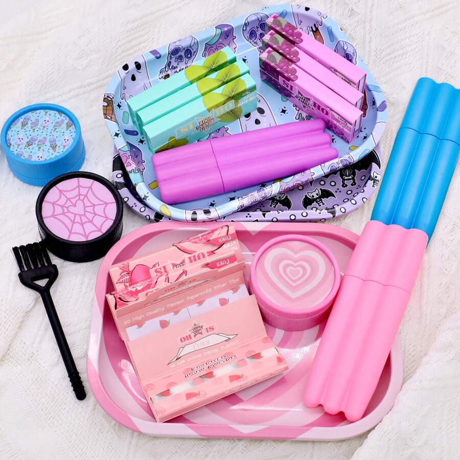 7pcs Rolling Tray Set. Assorted Patterns. Includes 18cm*14cm Metal Rolling Tray, Dual-Layer Plastic Grinder, Three 78mm Dual-Layer Flavor Papers, Cleaning Brush, And 3-In-1 Storage Tube. Practical Accessories, Household Tool. Suitable For Parties, Gatherings, Gift For Smoking Enthusiasts, Holiday Gift. - Multicolor - View 1