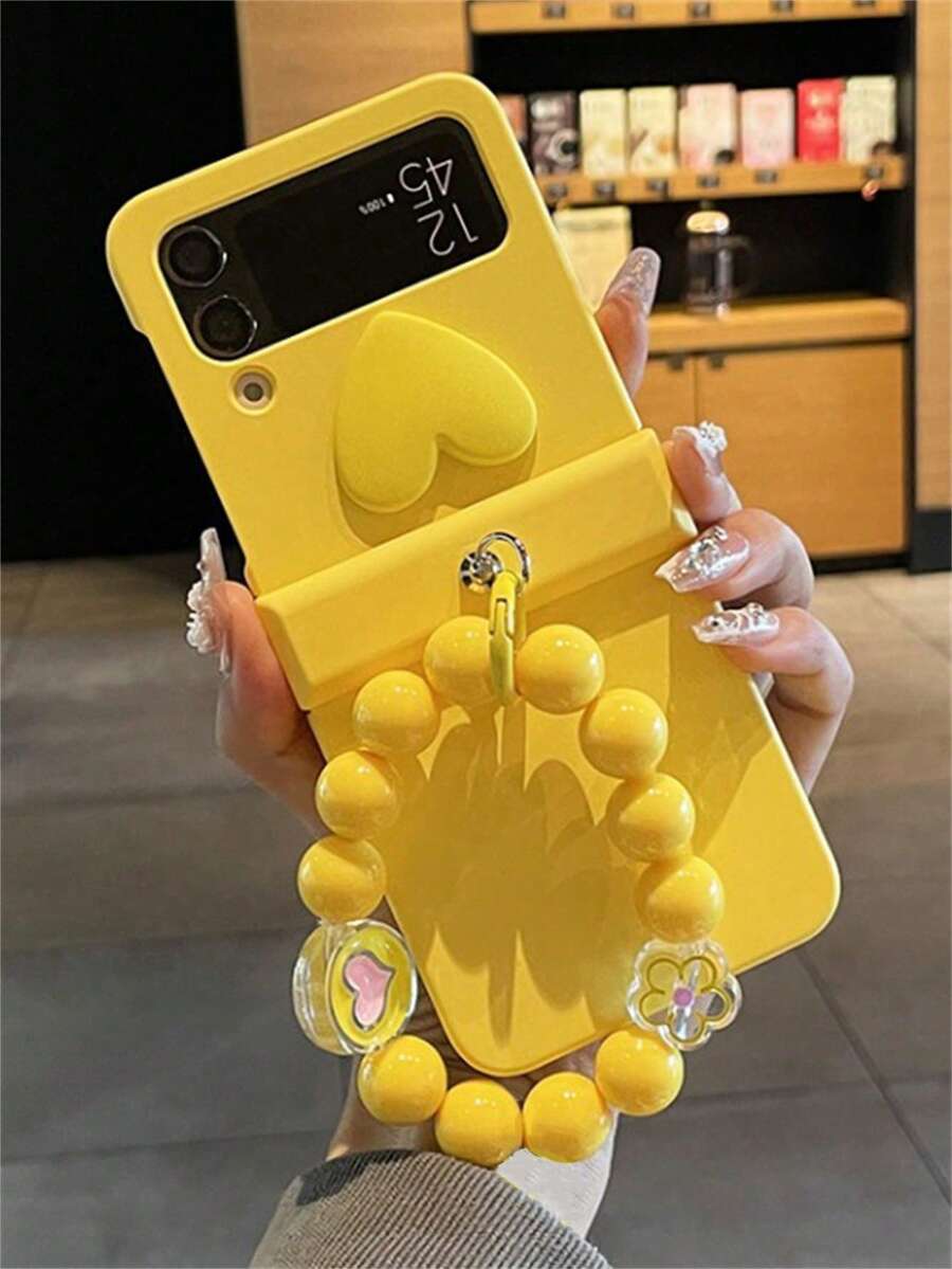 可爱磨砂PC爱心Y2K时尚纯色折叠手机壳，配3D卡通兔子花朵串珠链，兼容三星Galaxy Z Flip7 Flip6 Flip5 Flip4 3，可爱磨砂PC硬质后盖，复活节春季礼物