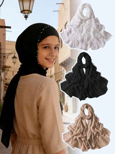 1pc 12-24Y Chiffon Long Scarf, Pearl Beaded Wavy Trim Decor Hijab, Middle Eastern Head Wrap, Arabic Headscarf, Sun Protection For Spring/Summer, Suitable For Girls Aged 12-24