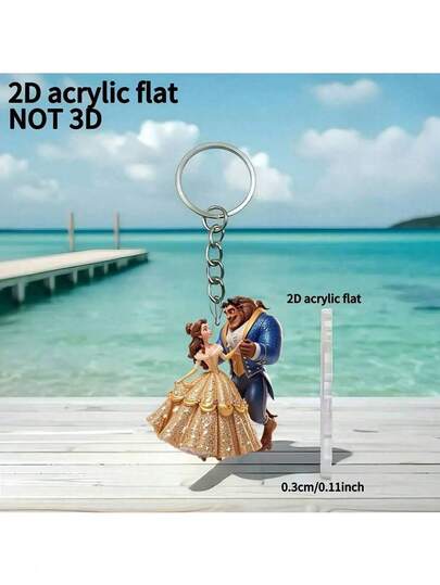 1pc Disney 2D Acrylic Keychain, Featuring The Beast Prince And Princess, Practical And Stylish Novelty Keychain. Keyring, Holiday Gift Decor, Car Key Chain, Backpack And Wallet Keychain, Lovely Accessory For Bags, Cars And Backpacks - Ideal Gift For Ladies On Valentine's Day, Birthday Or Christmas. 2D Flat Design, Valentine's Gift, Heart Shape.