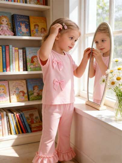 Baby Girls' Sweet Butterfly Decor Short Sleeve Top And Ruffle Hem Bell-Bottom Pants Set, Pink, Suitable For Daily Wear, Vacation, And Casual Home