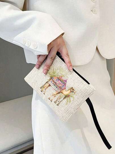 Camel And Coconut Tree Printed Makeup Bag, Reusable Camel Pattern Makeup Bag, Lightweight, Makeup And Toilet Storage Bag, Zipper Makeup Bag, Lightweight Wallet, Toilet Bag, Storage Bag, Travel Accessories, Shopping Goods, Widely Used For Storing Cosmetics, Makeup Brushes, Accessories, New Year'S, Valentine'S Day, Ramadan Gifts