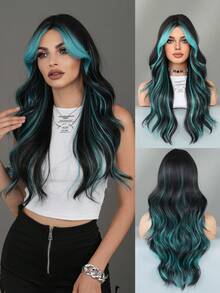 7JHH WIGS Highlight Blue Long Black Wavy Wig For Women Middle Part Curly Wig With Curtain Bangs Natural Synthetic Heat-Resistant Fiber Hair Wigs For Music Festival Party Wear, Halloween Cosplay Use 26 Inch - Blue Highlight - View 2