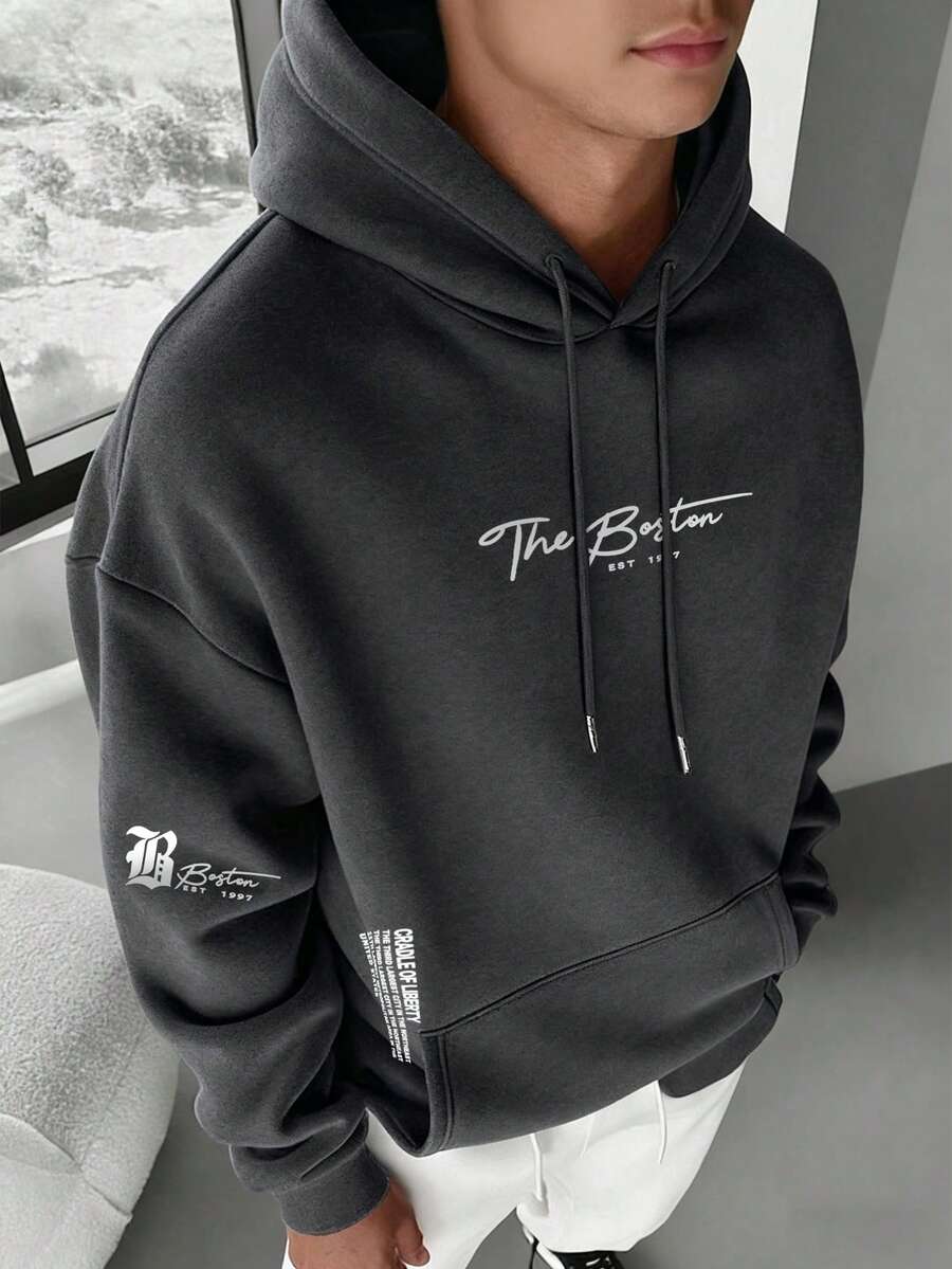 Sudadera con capucha casual y versátil para hombres con bolsillo canguro, cordón y estampado de eslogan, para otoño/invierno - Gris Oscuro - Ver 1