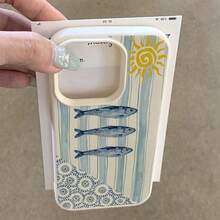 1pc TPU Material Summer Blue Striped Sunfish Print Phone Case, Compatible With IPhone 17 Pro Max/17/16 Pro Max/15/13/12/11, S20 FE/A15/S24/A55, Note 11/Note 12/Note 13 Pro, Full-Body Shockproof Soft Protective Cover - White - View 3