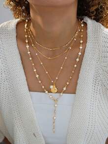 4件套时尚简约优雅仿珍珠海星贝壳Y形项链套装，适合女性度假、派对、节日、生日、日常佩戴 - 金黃色 - 查看 2