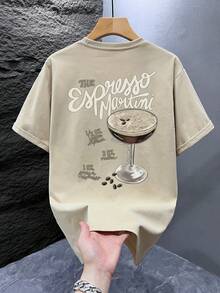 男士印花T恤，沙滩夏季穿着，宽松短袖T恤 - 杏色 - 查看 3