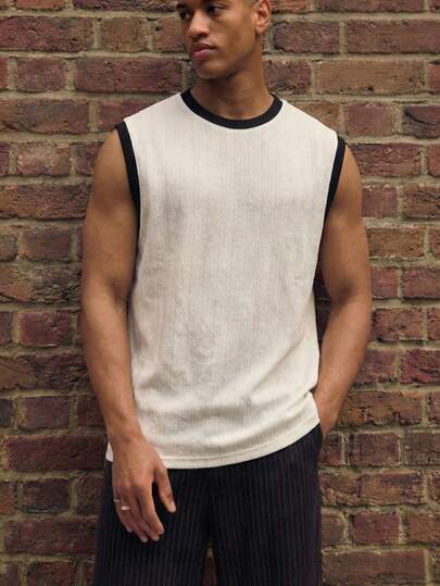 LOOKUN Colorblock Patchwork Men's Tank Top, Striped Texture Casual Holiday Layering Sleeveless Crew Neck Top, LOOKUN Spring/Summer