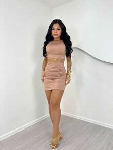 Women's Short Dress With Buckle Detail - Summer Launch - Nude - View 2