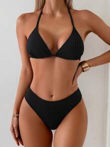 2pcs Orange Textured Striped Fabric Fashionable Holiday Sexy Bra & Bikini Swimwear Set Black Vacation Beach Summer - Black - View 1