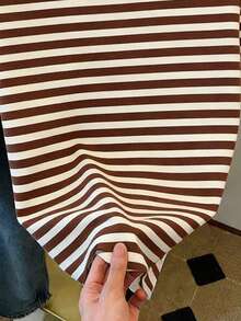 Classic Versatile Apricot & Brown Striped Elegant Summer Outfits For Women, Casual Women's Round Neck Short Sleeve T-Shirt - Light Apricot - View 5