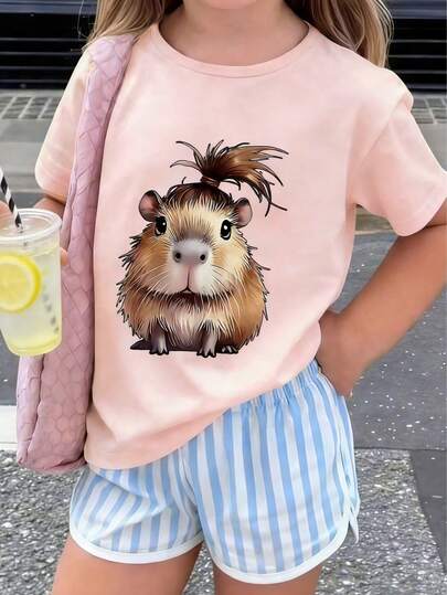 Printed Short Sleeve T-Shirt, Young Girl Student Clothing, Summer Top Prepared For Girls Ready To Play