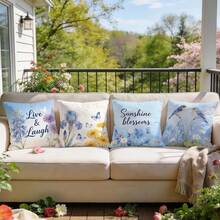 4件套蓝色水彩花卉、蝴蝶、鸟类和文字图案抱枕套，单面印花，适用于客厅、卧室、家居装饰，四季皆宜 - 彩色 - 查看 9