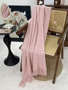 1 chiếc chăn dệt kim màu trơn, kiểu dáng Bắc Âu với tua rua, mềm mại, thích hợp cho giấc ngủ trưa ở văn phòng, giường ngủ, ghế sofa, sử dụng hàng ngày. - Khăn vỏ sò màu hồng - Xem 3