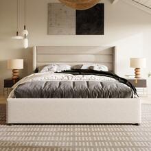 Storage Bed, Upholstered Bed, Hydraulic Double Bed, Dimensions 140x200 Cm. Mattress Included, Wooden Shelf. With Metal Frame. Linen, Grey, Beige. - Beige - View 4