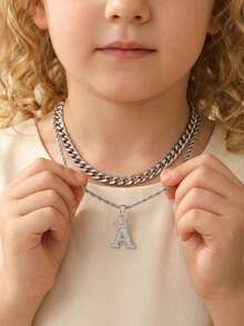 2pcs/Set Classic Simple Silver Stainless Steel With Zirconia 26 Letter Pendant Necklace Chain Necklace Stacked Necklace Street Hip Hop Jewelry Punk Style - Silver - View 1