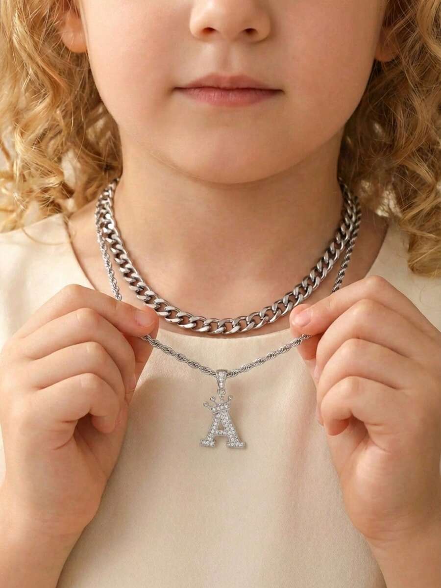 2pcs/Set Classic Simple Silver Stainless Steel With Zirconia 26 Letter Pendant Necklace Chain Necklace Stacked Necklace Street Hip Hop Jewelry Punk Style - Silver - View 1