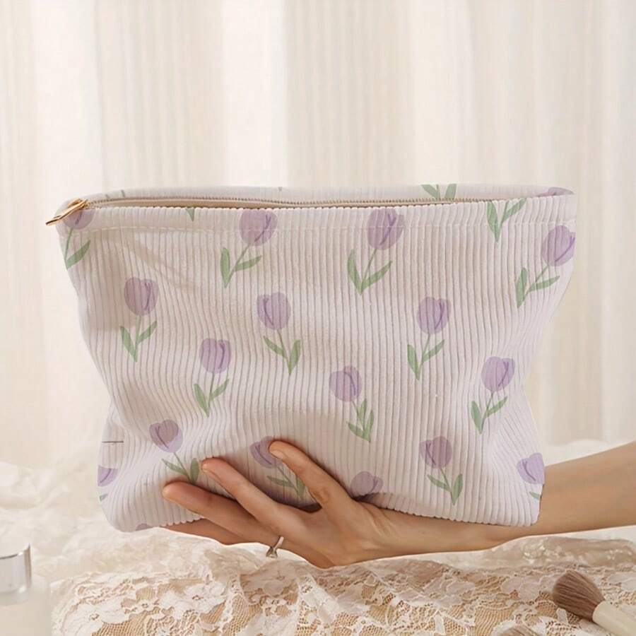 1pc Double-Sided Random Print Corduroy Zipper Makeup Bag/Toiletry Bag, Large Capacity Lined Storage Bag, Suitable For Travel, School And Girls' Daily Use - Multicolor - View 1