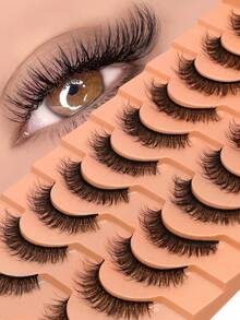 Lasvirey 10对装自然猫眼假睫毛，蓬松轻盈，整条式，短款柔软3D仿貂毛假睫毛，交叉浓密卷翘，打造奢华美睫妆容 - 自然纖長款 - 查看 1