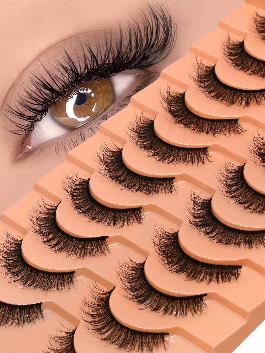 Lasvirey 10对装自然猫眼假睫毛，蓬松轻盈，整条式，短款柔软3D仿貂毛假睫毛，交叉浓密卷翘，打造奢华美睫妆容 - 自然纖長款 - 查看 1