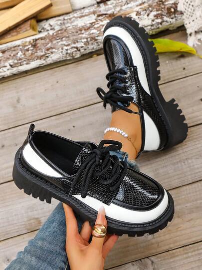 Women's Platform Loafers, Fashionable Casual New Arrival Patchwork Retro Thick Heel Bowknot Comfortable Soft Bottom Oxfords, Suitable For Young Students, Campus Style, Mary Janes, Slip-On, All Season, Small Leather Shoes, Increase Height And Slimming, Professional Office, Basic Style, Work, Buckle Outer Wear, Spring And Autumn College Style, Glossy, Patent Leather, Flat