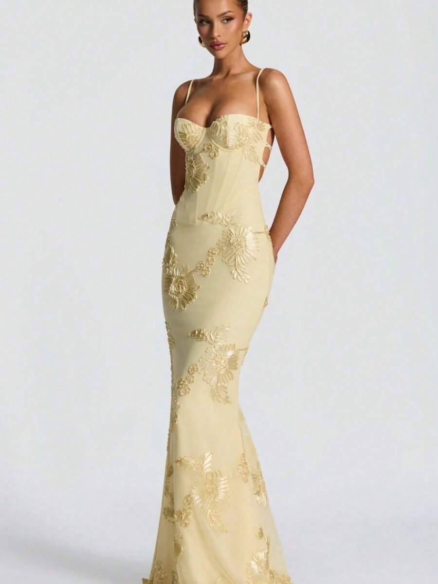Women's High-End Banquet Flower Decor Evening Dress, Elegant Spaghetti Strap Dress, Slim Fit French Style Backless Solid Color Maxi Dress - Màu vàng - Xem 1