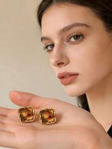 1 Pair Metal & Amber Geometric Exaggerated Retro Earrings For Women, Fashion Party Personalized Eardrops - Brown - View 3