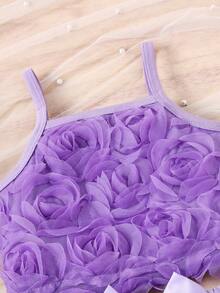2pcs Baby Girls Cute Mesh Rose Flower Camisole Top And Princess Mini Skirt Set, Summer - Purple - View 3