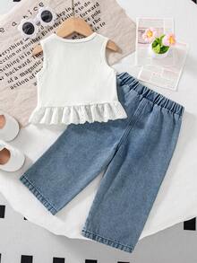 2件套女婴夏季新款蝴蝶结装饰蕾丝下摆无袖上衣+蝴蝶结刺绣水洗牛仔裤套装，适合户外穿着 - 白色 - 查看 3