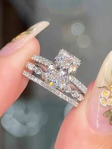 Tsnamer 3 Pcs/Set Noble Radiant Cut Cubic Zirconia Wedding Ring Set For Women Wedding Band Bridal Anniversary Jewelry Gifts - Ring - View 9