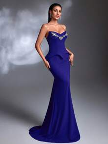 A Royal Blue Rhinestone-Embellished Strapless Peplum Waist Satin Lace-Up Mermaid Train Elegant Luxury Evening Gown - Blue - View 5