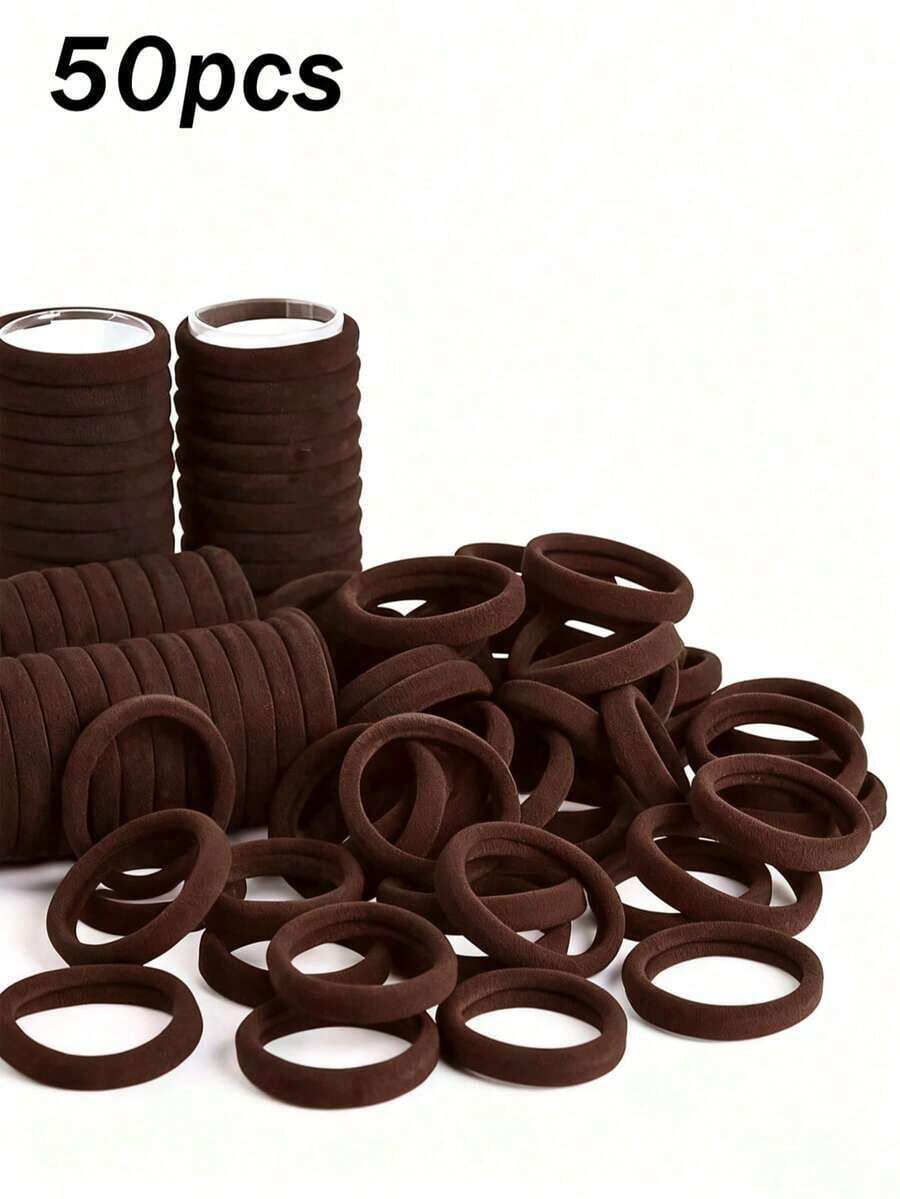 50 Pcs Women's Dark Brown Elastic Thick Hair Ties, Suitable For Daily Use And Gifting, Can Be Used As Hair Bands, Ponytail Holders, Hair Scrunchies, Hair Accessories, Sports Hair Accessories, Etc. Rubber Bands - màu nâu - Xem 1