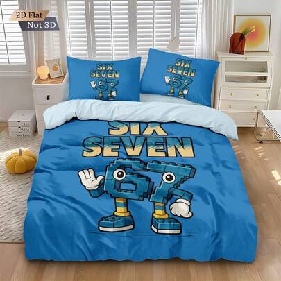 三件套“六七”主题蓝色时尚流行数字6、7图案床上用品套装，包含1个被套和2个枕套（不含枕芯），高清染色，100%涤纶面料，舒适柔软，拉链封口，可机洗，适用于家庭卧室、客房、旅行露营和宿舍。