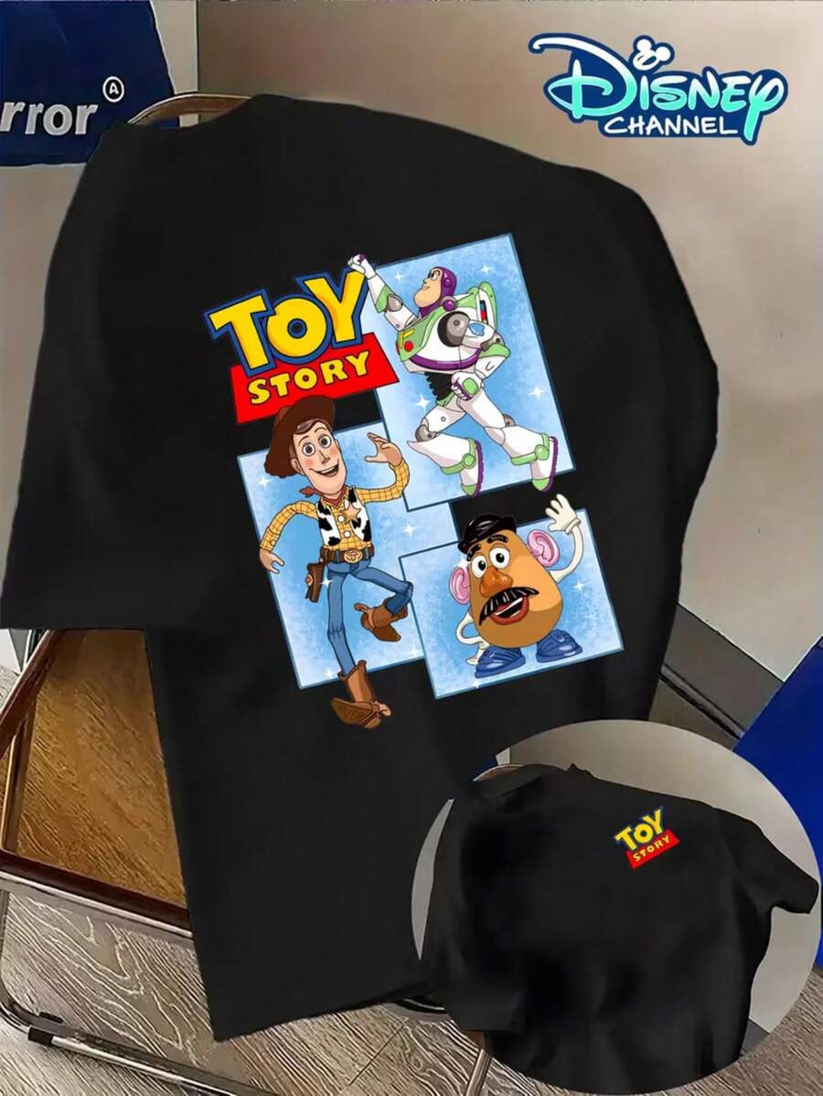 Officially Authorized By Disney, One Disney Toy Story Men's T-Shirt-Woody And Buzz Lightyear Navy Blue Retro Characters Printed On The Back-Genuine Disney Adult Costumes-Exclusive To Fans Of Toy Story Movies-Machine Washable Lightweight Fabrics, Personalized Design, Perfect Gift For Fans. - 黑色 - 查看 1