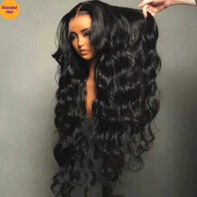 Black Body Wave 13x4 Lace Front Wig For Women Short Bob Wavy Hair 180% Density Heat Resistant Synthetic Fiber Mixed Human Blended Hair Wig With Baby Hair Natural Look For Women Realistic Hairline