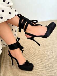 Ballet High Heels For Women Square Toe Satin Mary Janes Lace Up Heels Elegant Ballerina Stiletto Heels With Bow Party Dancing Shoes For Women - màu đen - Xem 2