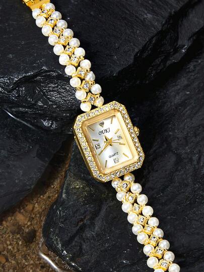 Opalesca 1pc Women's Pearl & Rhinestone Decorated Watch Band With Rhinestone Dial Elegant Quartz Bracelet Watch, Excluding Watch Box