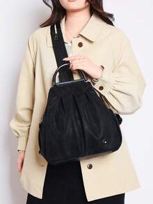 "Brown Faux Leather Ruched Backpack With Metal Ring Handle & Camellia Detail - Casual Daily Commute Bag For Women" - Multicolor - View 6