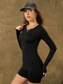 女士速干长袖运动上衣 - 黑色 - 查看 1