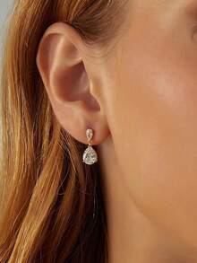 女士垂坠耳环，正式婚礼新娘耳环，14K镀金长款立方氧化锆水滴耳环，精致垂坠耳环，伴娘水滴耳环，舞会首饰 - 金色 - 查看 6