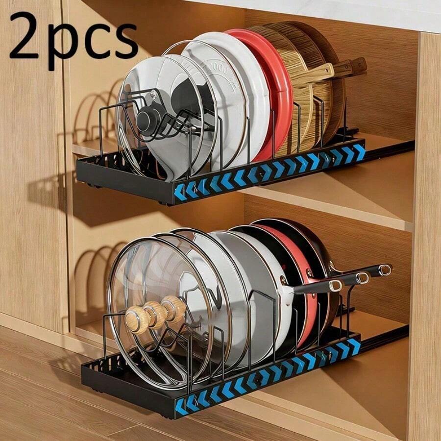 2 pieces of adjustable storage boxes, integrated storage rack, storage and organizing boxes, equipped with extendable cover plate fixers, dish rack, dishwashing board and pull-out drawers, suitable for kitchen storage and organization. - Negro - Ver 1
