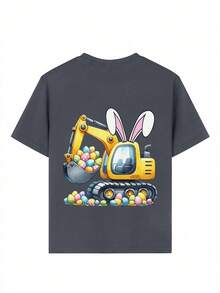 Camiseta con estampado de excavadora con orejas de conejo para niño preadolescente, adecuada para uso festivo, uso casual, uso urbano, top de verano de moda para niños. ¡Regalo de Pascua ideal para niños, atuendo perfecto para celebrar la Feliz Pascua! - Gris Oscuro - Ver 9