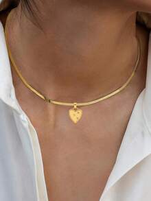 1pc Girl's Pendant Necklace, Minimalist Layered Design, Stainless Steel Flat Chain With Cubic Zirconia Heart Pendant, Versatile Daily Wear & Gift Accessory - Yellow Gold - View 5