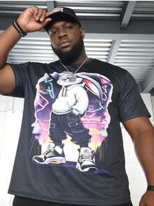 Plus Size Men's Black T-Shirt, Short Sleeve Cyberpunk Neon Element & Rabbit Graphic Print Casual Round Neck Plus Size Short Sleeve Tee, 100% Polyester, Plus Size Activewear - Multicolor - View 3