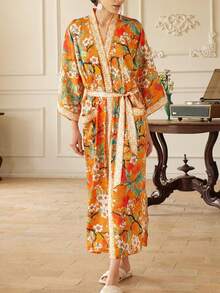 Bohemian Style Fashion Ditsy Floral Mid-Length Long Sleeve Kimono Cover Up Women's European And American Casual Elegant Party Wear Cover-Up Vacation - Orange - View 3
