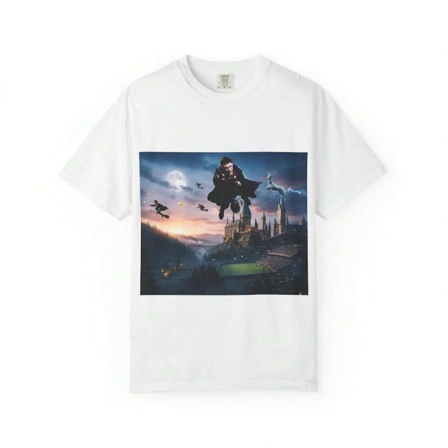 Wizard School Castle Scene T-Shirt Flying Student, Moonlit Night - màu đen - Xem 1