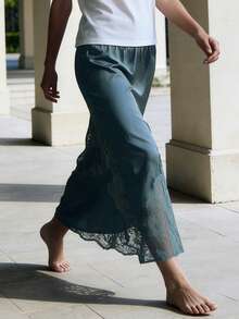 Women's Long Skirt Casual Lace Patchwork Solid Color Stylish Mid Rise Skirt For Spring And Summer - Blue - View 3