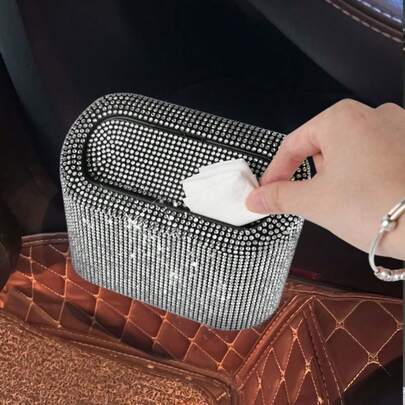Portable Mini Sparkling Crystal Car Trash Can - Seat Back Garbage Basket With Rhinestone Decor, Suitable For Car, Office, Kitchen, Universal Design, Convenient Cleaning, Ideal Gift For Women