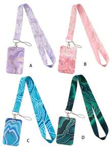 1pc Pink Marble Lanyard Card Holder, Hard Shell ID Badge Holder For Bus Card, ID Card, Work Card, Student Card, Exhibition Card, Event Card - Rectangle - View 1